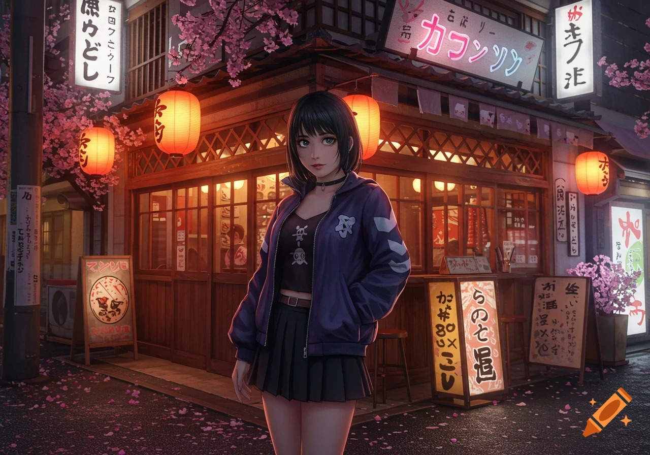An anime girl in a dark blue jacket and pleated skirt stands outside a Japanese cafe at night, surrounded by cherry blossoms and glowing lanterns.