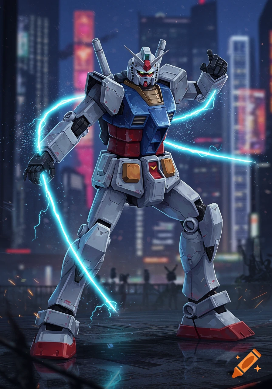 Classic Gundam Rx-78-2 robot in a dynamic pose, surrounded by blue electricity against a blurred futuristic city at night.