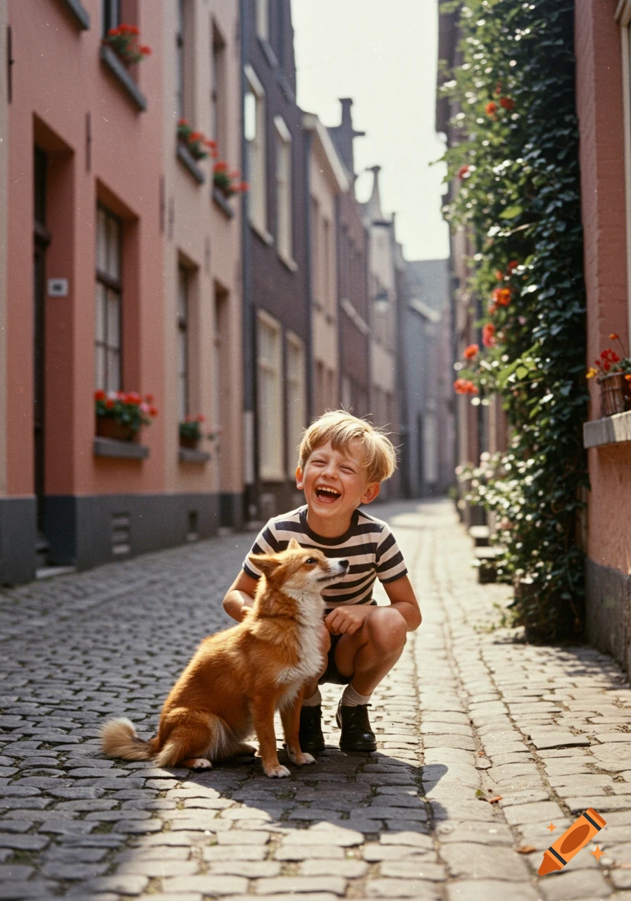 A happy blond boy in a striped shirt crouches next to a red fox-like dog on a cobblestone street lined with old buildings.