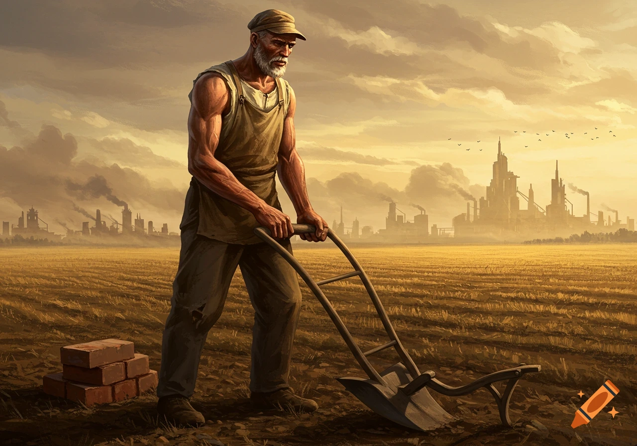 A strong, bearded worker in a cap and overalls plows a golden field, with a smoking industrial city silhouetted under a dramatic sky. Painterly.