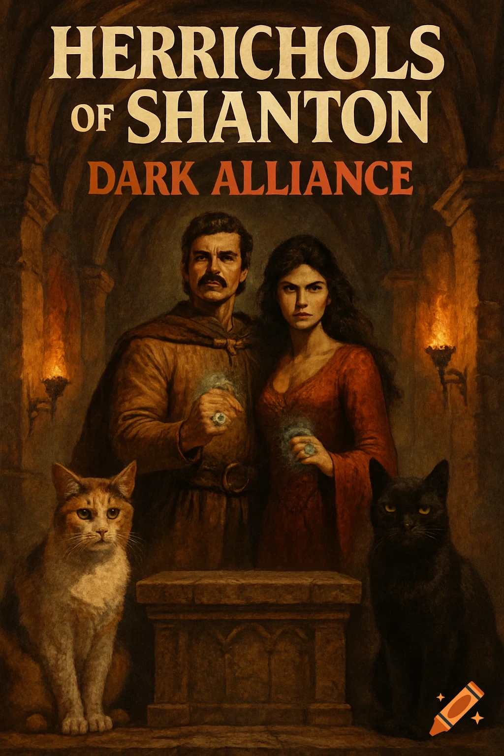 80s fantasy book cover of a man and woman with glowing rings, flanked by two cats, in a dark, torch-lit stone hall.