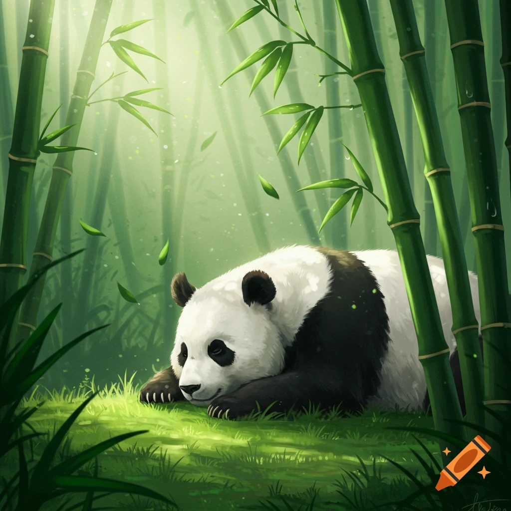 An illustrated panda lies peacefully on grassy ground in a sunlit bamboo forest.