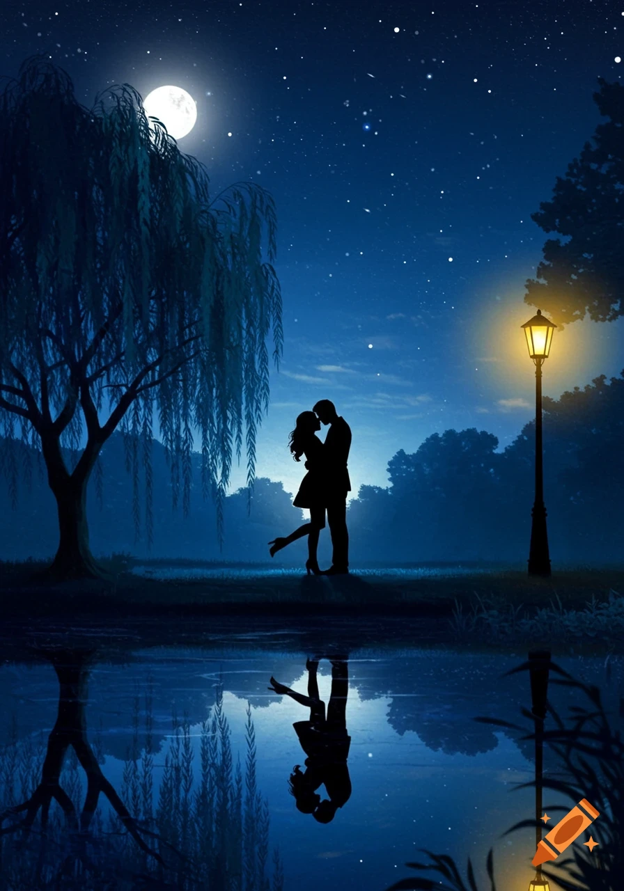 Silhouettes of a couple embracing under a full moon and starry night, reflected in water, with a willow tree and street lamp.
