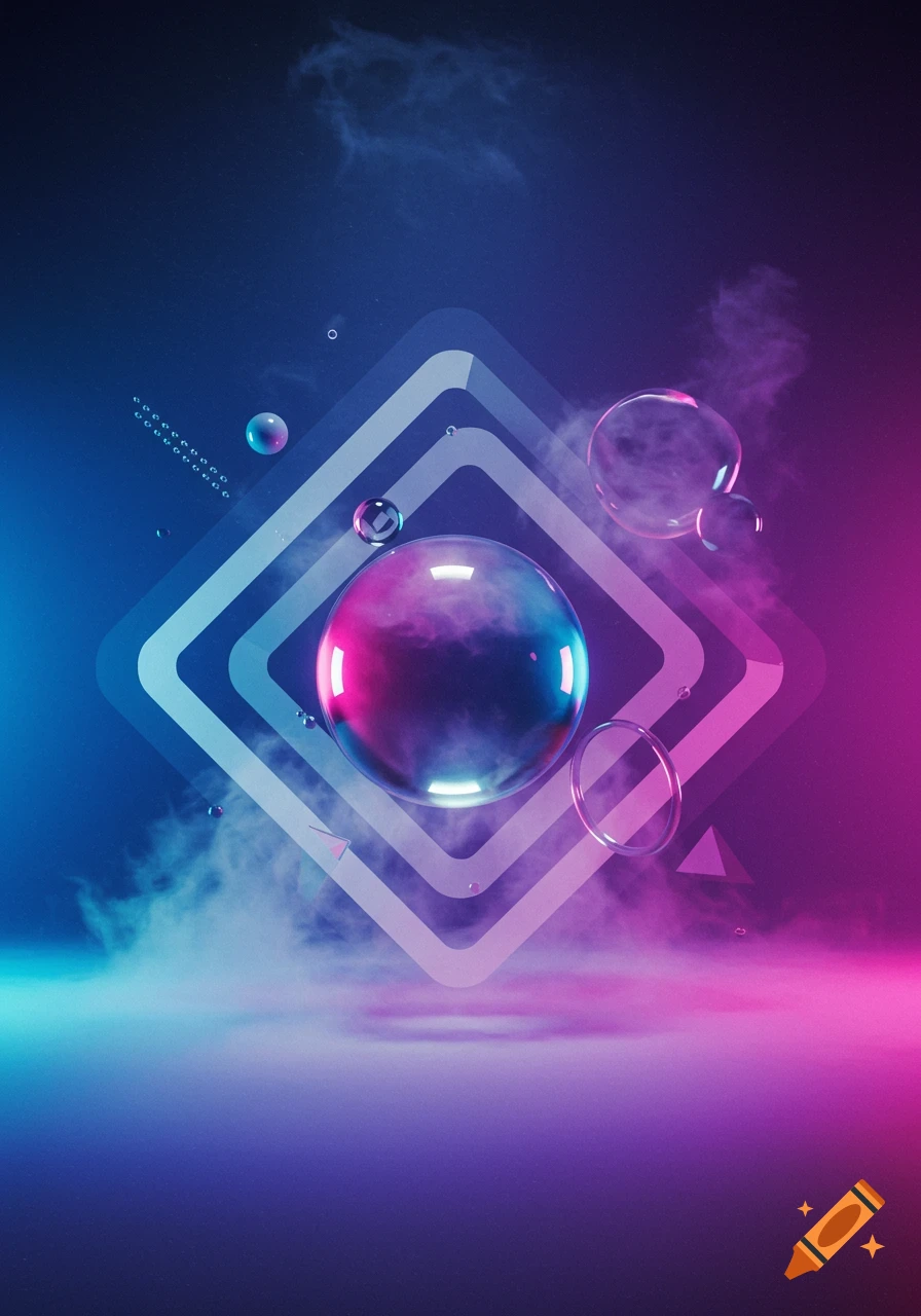 Vibrant abstract composition with glowing blue and pink neon geometric shapes, reflective bubbles, and smoky fog.