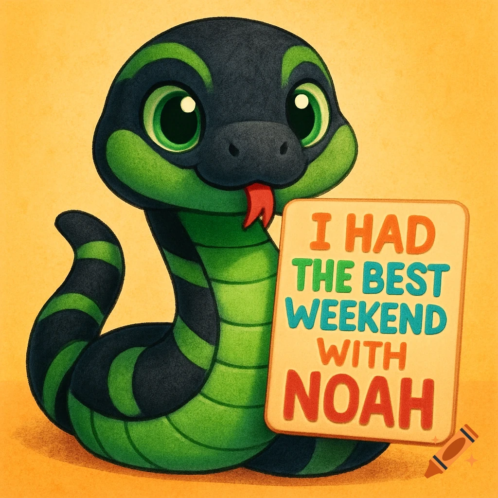 A cute cartoony black and green snake plush toy with big green eyes and a small red tongue, holding a sign that says 'I HAD THE BEST WEEKEND WITH NOAH'.