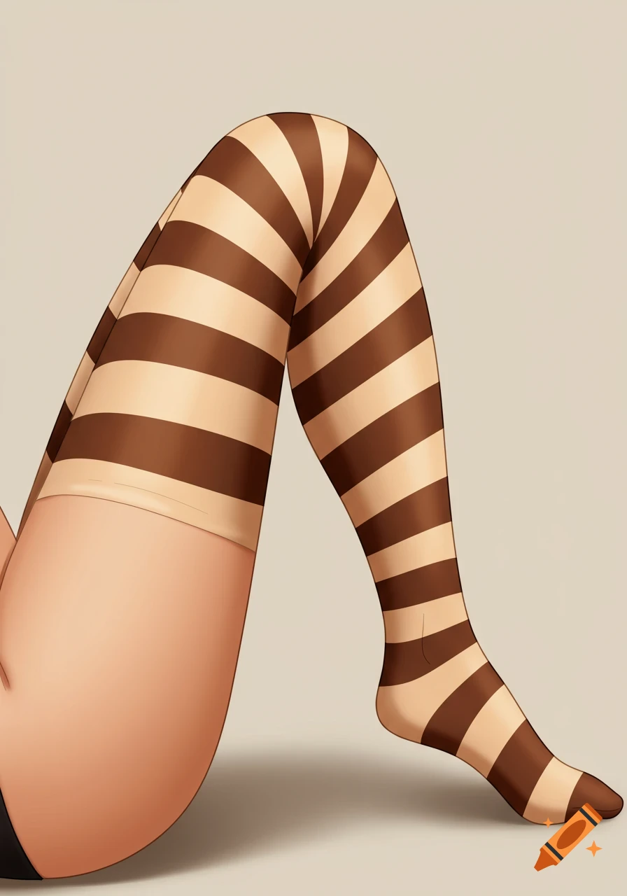 Anime style illustration of a person's leg wearing a brown and tan striped thigh-high stocking.