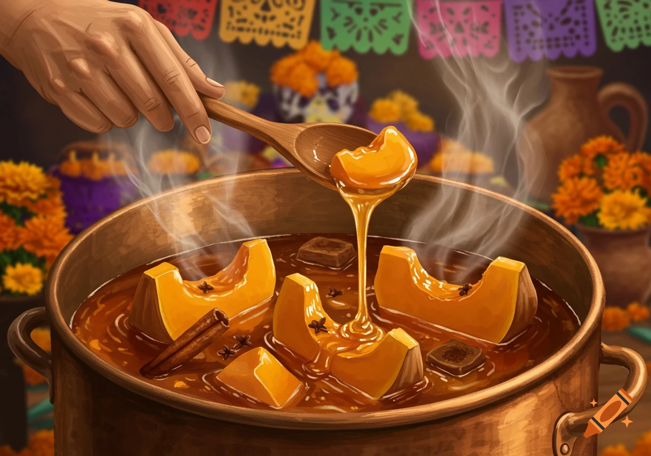 Illustrated hand stirring pumpkin in glowing syrup in a copper cauldron, with Dia de Muertos decor.