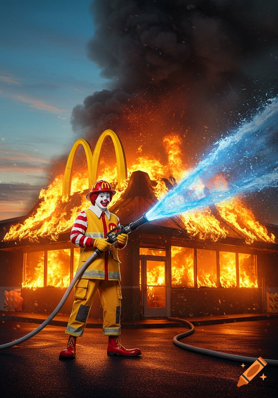 Photorealistic image of Ronald McDonald, dressed as a fireman, spraying water on a burning McDonald's restaurant under a smoky sky.