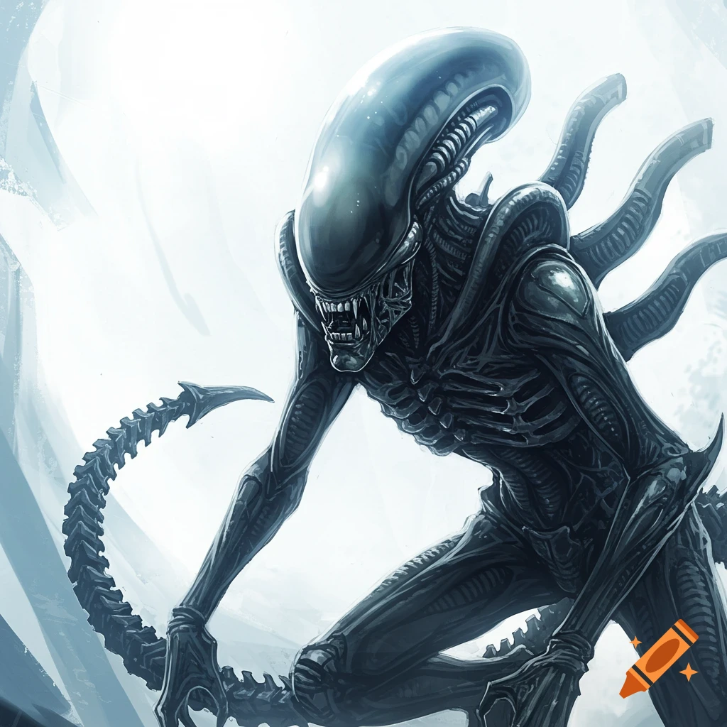 A detailed, dark gray Xenomorph alien crouches with its mouth open against a bright, light background, in a sci-fi art style.