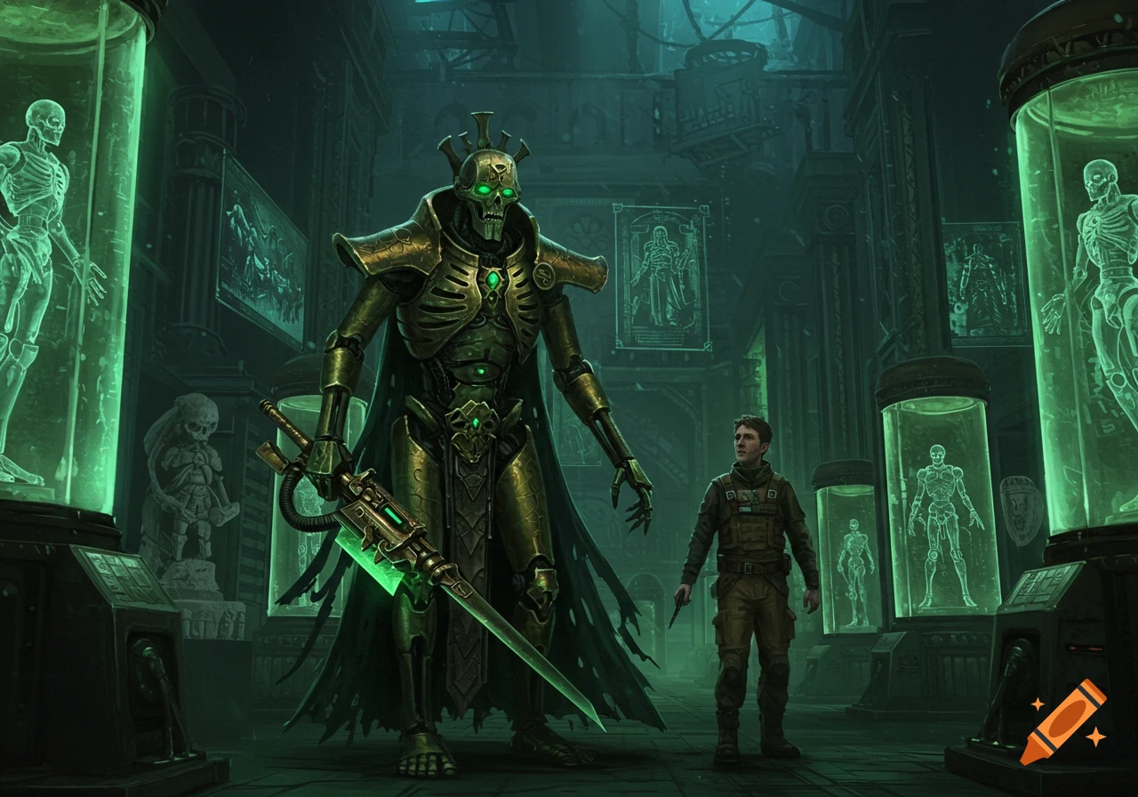 A towering golden skeletal robot holding a glowing staff gives a tour to a human man in a dark, green-lit futuristic museum with skeleton exhibits.