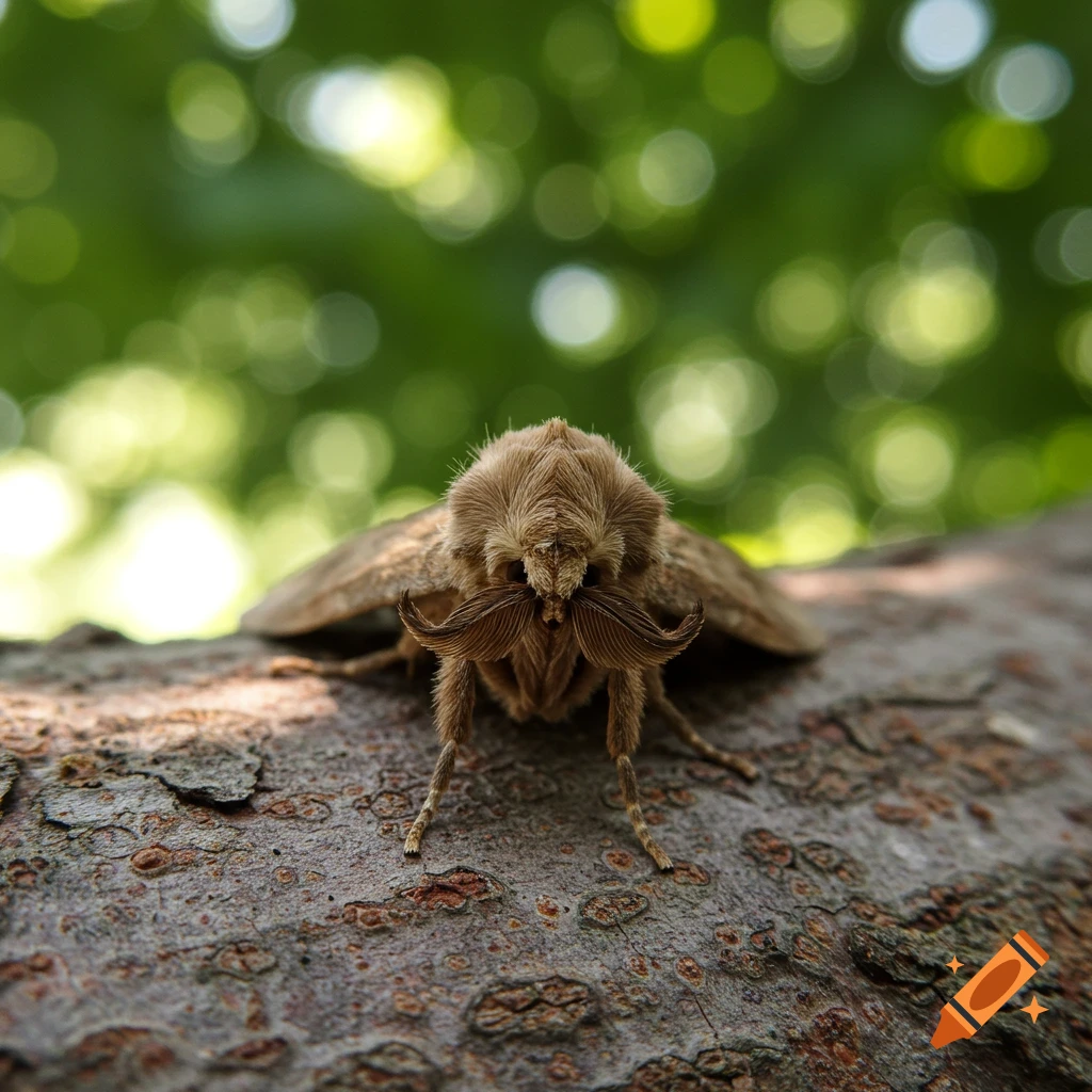 Close-up of a furry brown moth with distinctive mustache-like antennae, sitting on a textured tree branch. Blurred green foliage in background.
