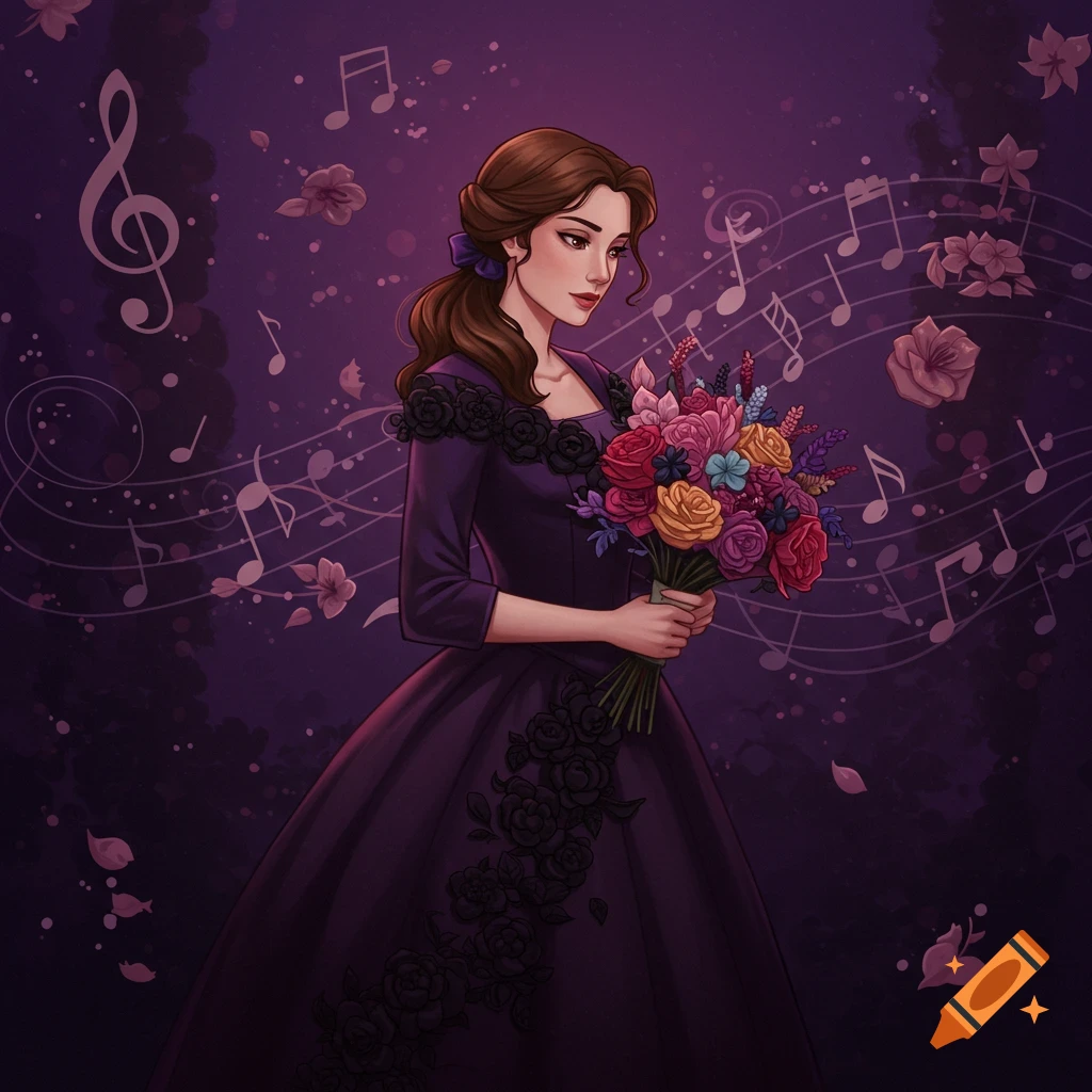 Illustrated brunette woman in a dark purple dress holding a bouquet of flowers, with music notes and blossoms on a purple background.