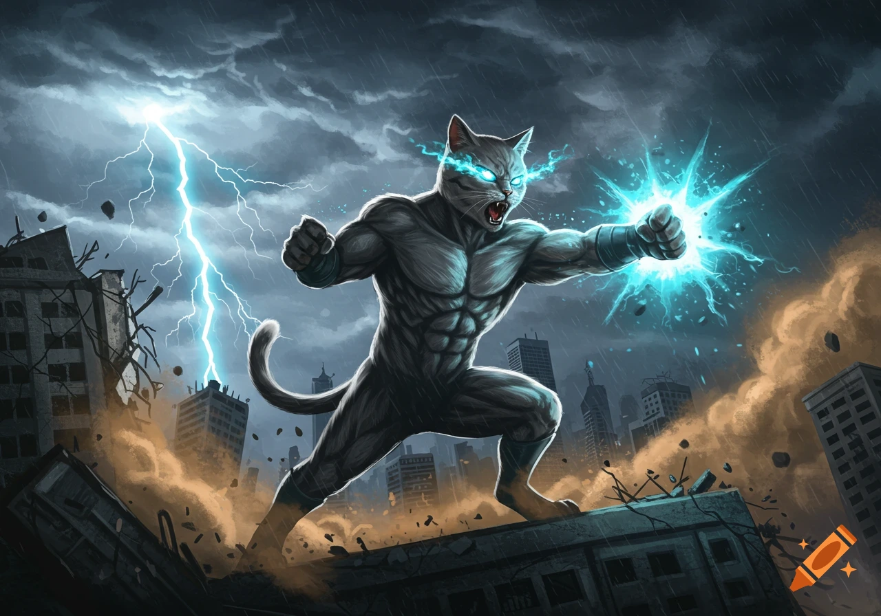 A muscular cat superhero generating electric power from its fist and eyes, standing on destroyed buildings with lightning striking a stormy sky in a comic art style.
