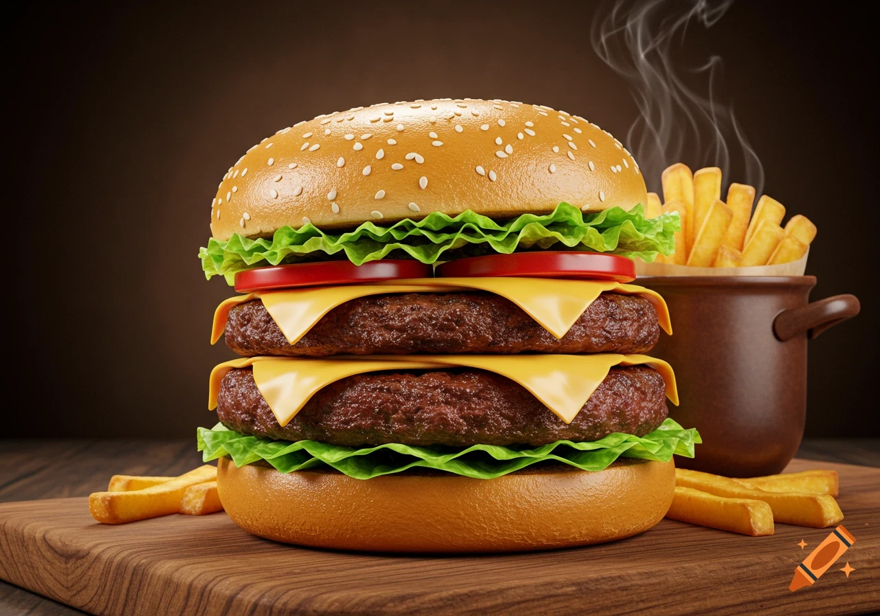 A delicious double cheeseburger with lettuce, tomato, and cheese sits on a wooden board next to a pot of steaming french fries.