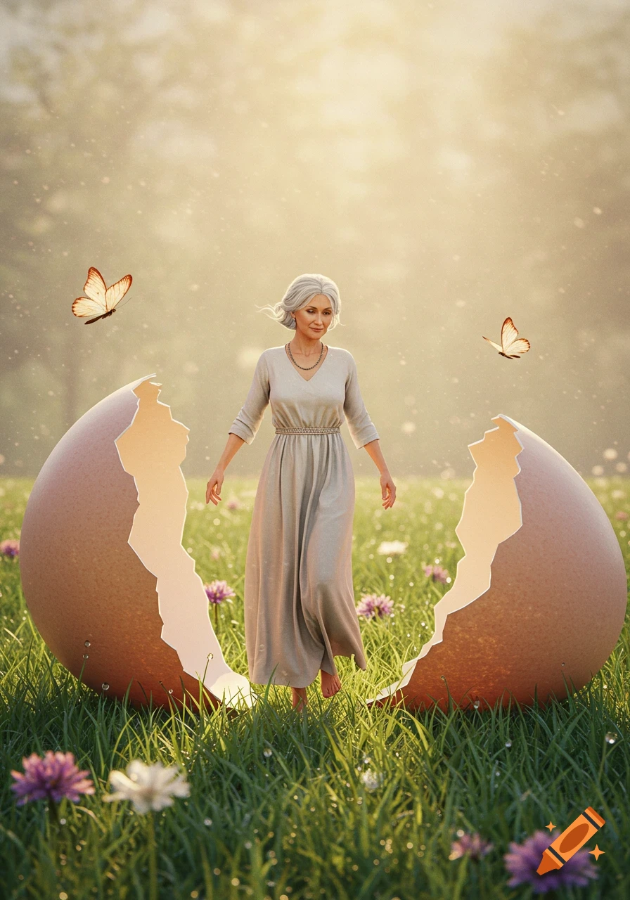 A grey-haired woman steps out of a giant broken eggshell in a dewy, sunlit field with butterflies and purple flowers.