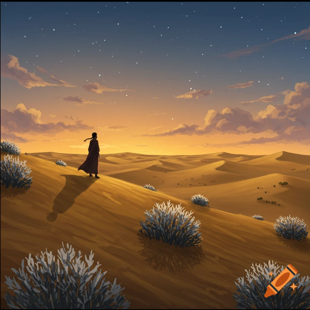 Stylized illustration of a lone figure in a desert at sunset, with ...