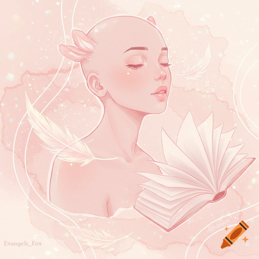 Ethereal illustration of a bald woman with closed eyes and feather-like ears, surrounded by an open book, feathers, and sparkles.