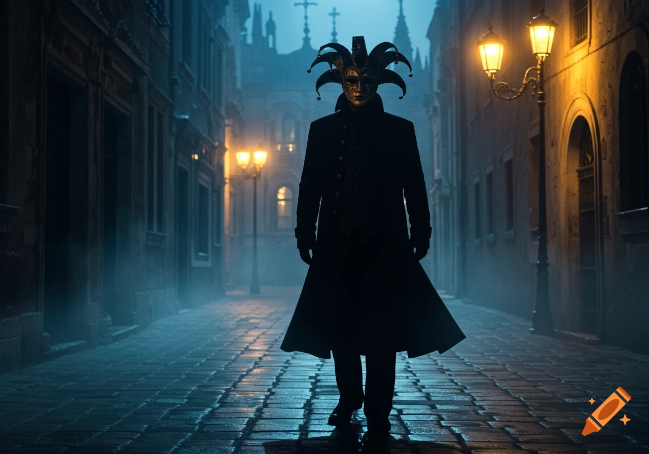 A mysterious figure in a jester mask and dark coat stands on a foggy cobblestone street at night, lit by old streetlights.