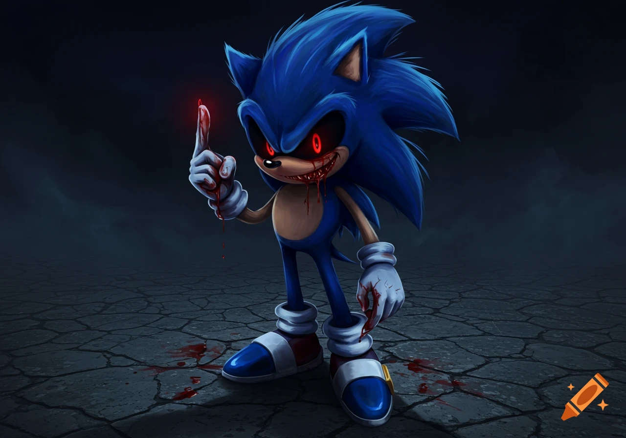 A blue anthropomorphic hedgehog with red glowing eyes and blood dripping from its mouth and hands, standing on cracked ground.