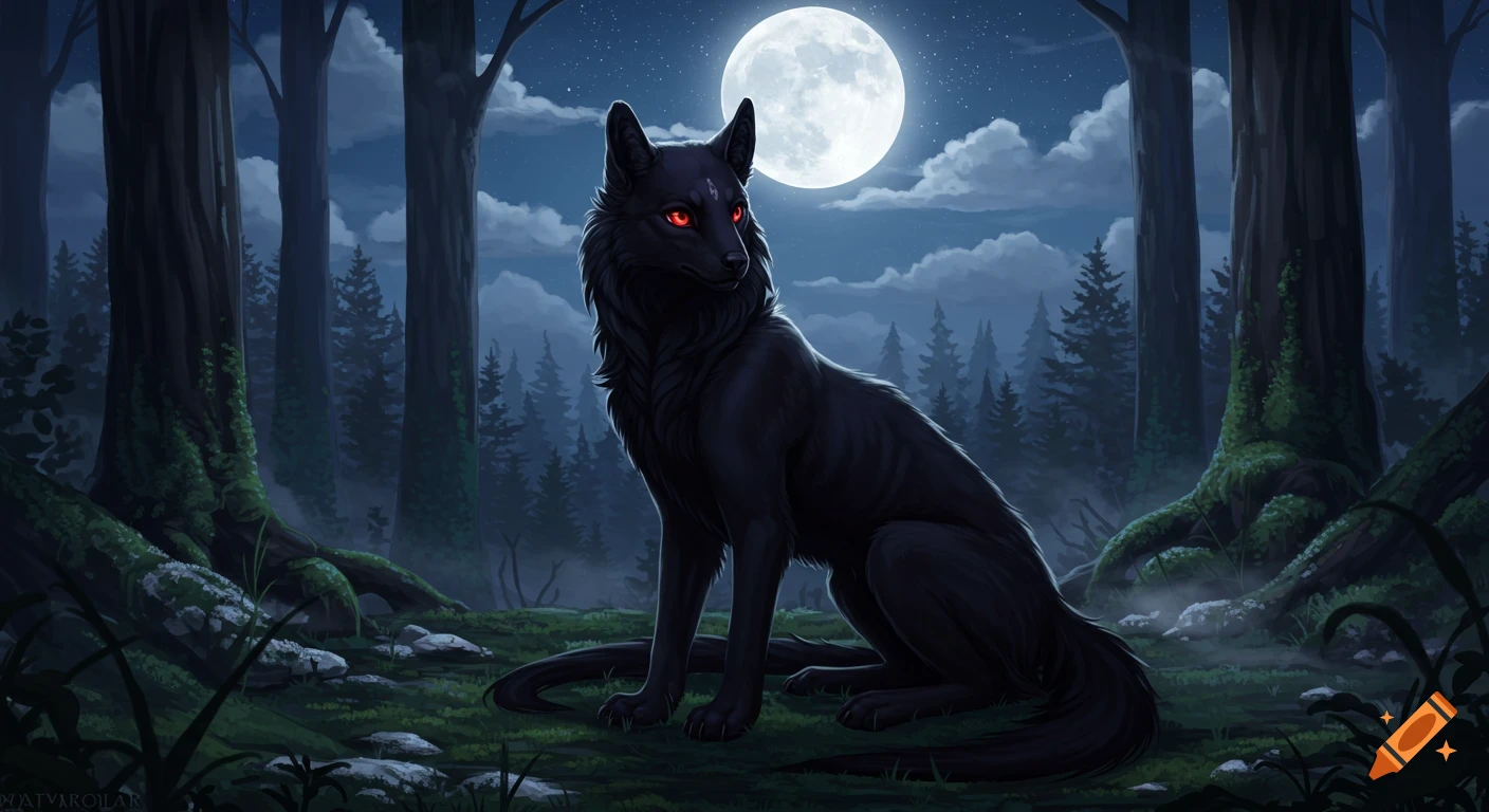 A black wolf-like creature with glowing red eyes sits in a dark, moonlit forest under a full moon.