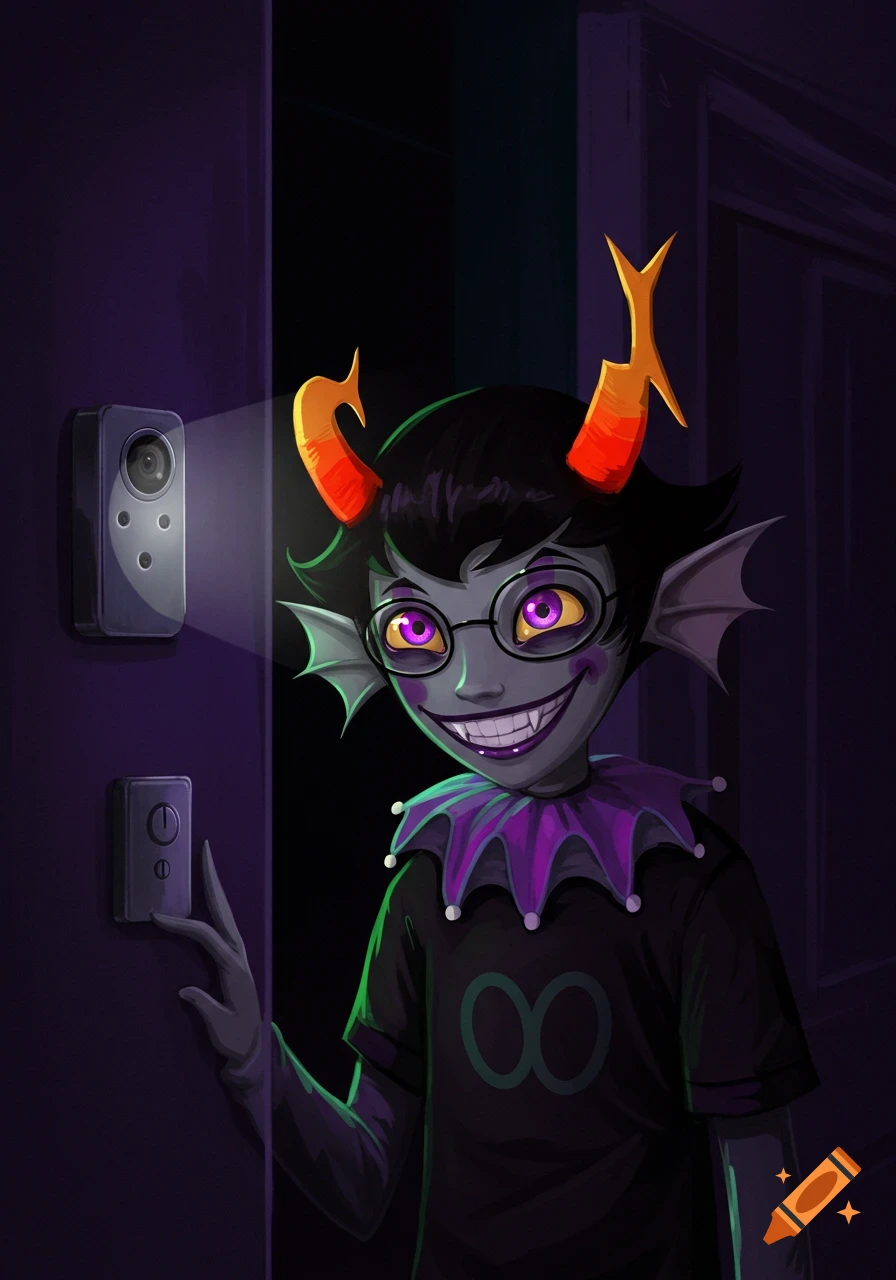 A grey-skinned character with orange horns and purple eyes smiles creepily at a doorbell camera in a dark, purple-lit hallway.