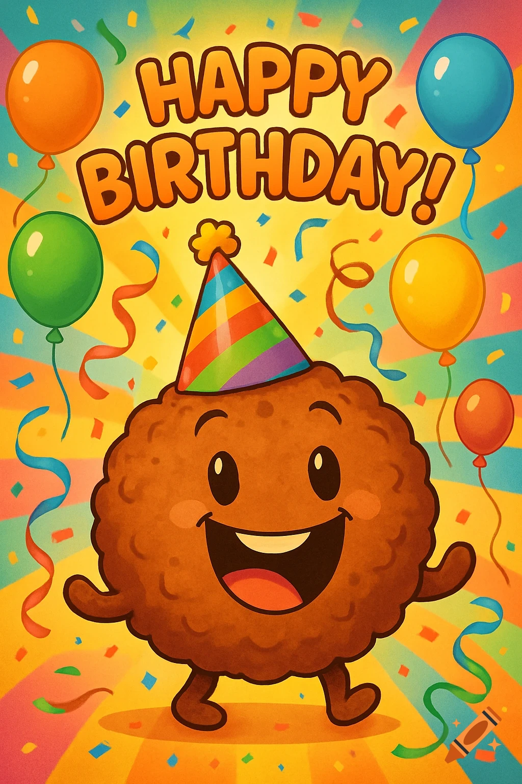 A cute cartoon meatball character wearing a party hat, smiling amidst colorful balloons and confetti, with "Happy Birthday!" text above. Illustrated style.
