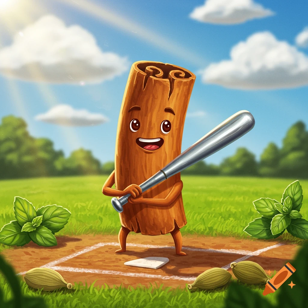 Cartoon cinnamon stick character with a smiling face, holding a baseball bat on a grassy baseball field under a blue sky.
