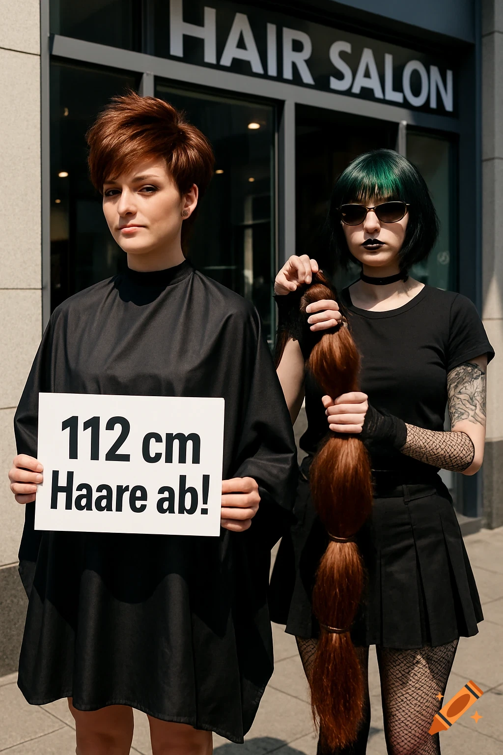 Woman with short brown hair holds a sign "112 cm Haare ab!" next to a goth woman holding a long ponytail outside a hair salon.