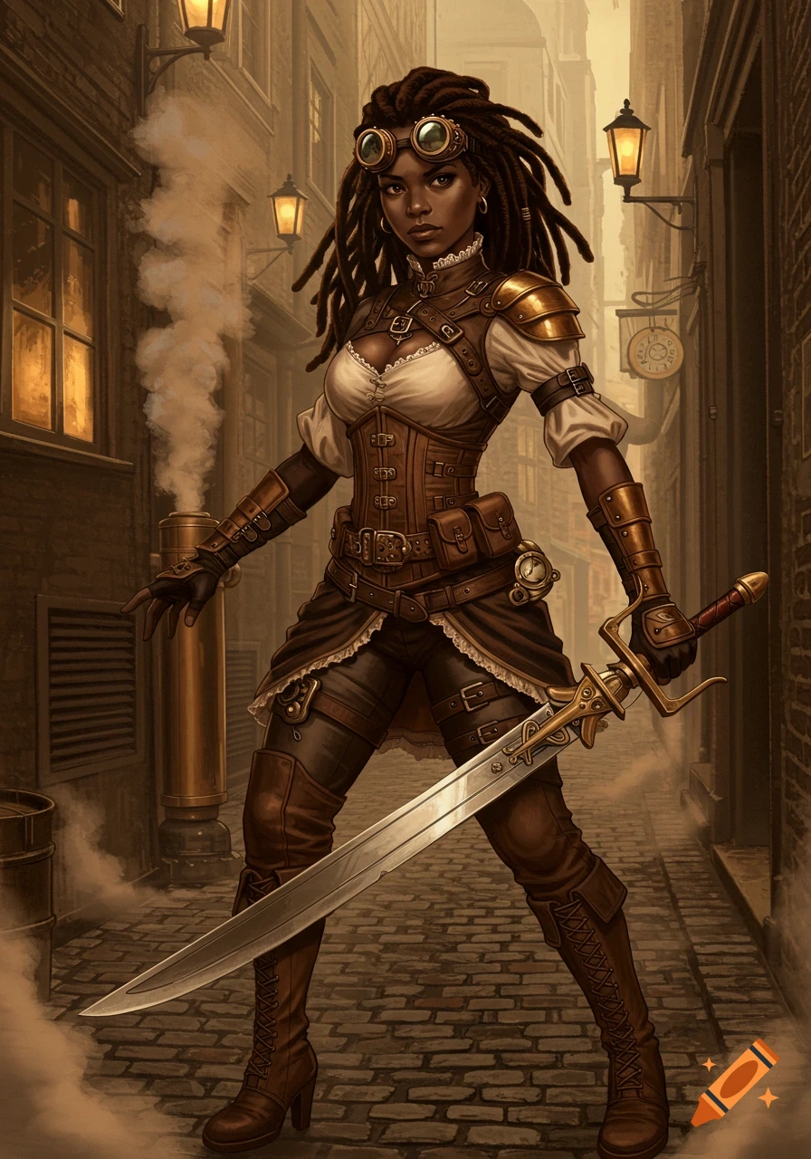 A dark-skinned woman in steampunk attire with goggles and dreadlocks stands in an alley, confidently holding a large sword.