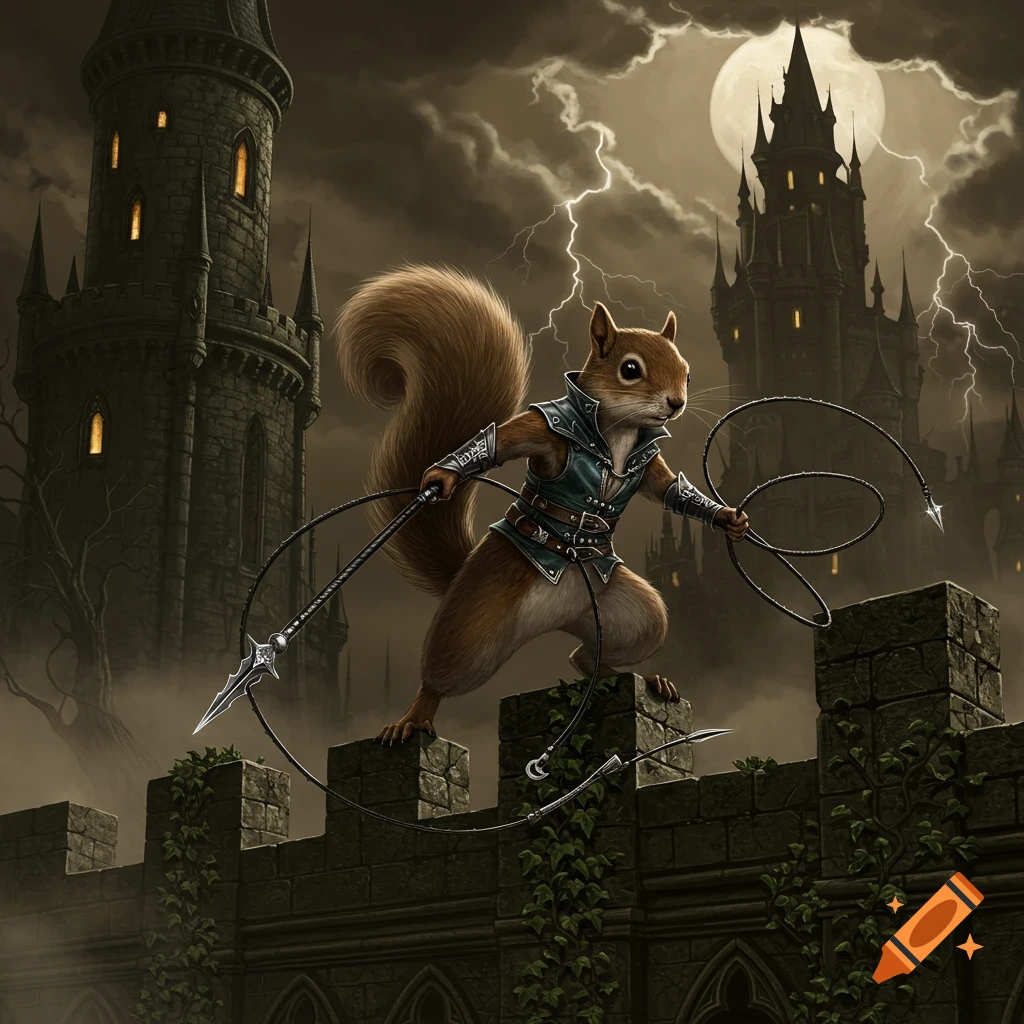 A squirrel warrior in armor crouches on a gothic castle wall, holding two spiked whips under a stormy, moonlit sky.