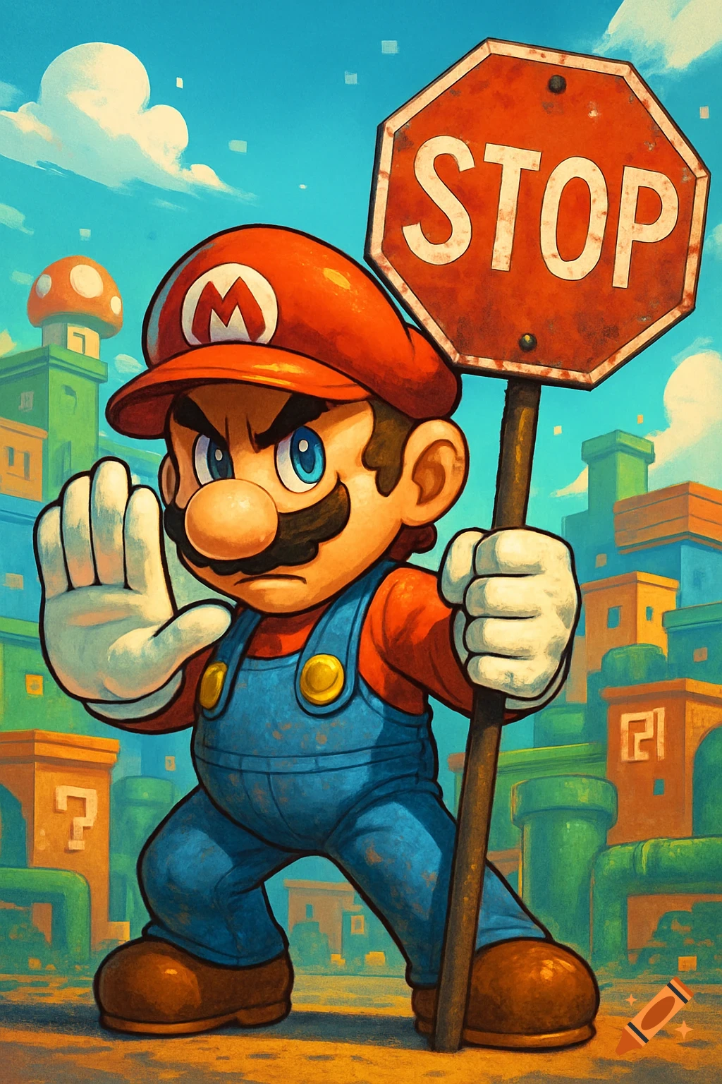 Mario, dressed in his iconic red and blue, holds a rusty stop sign and makes a 'stop' hand gesture in a colorful, cartoonish video game world.