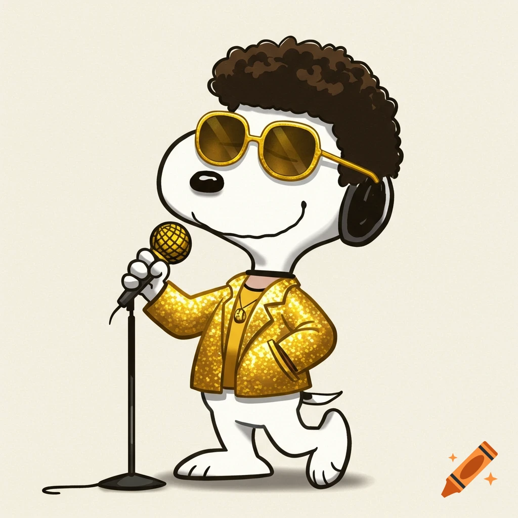 Cartoon Snoopy in a golden sparkly Bruno Mars outfit, sunglasses, and afro, holding a microphone.