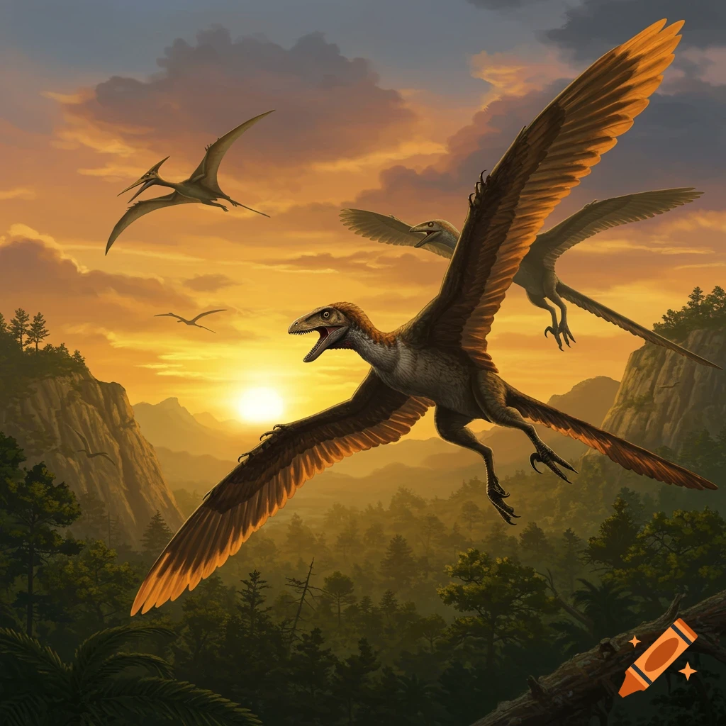 Winged raptors and pterosaurs soar over a lush, mountainous landscape at sunset, with warm orange and yellow skies.