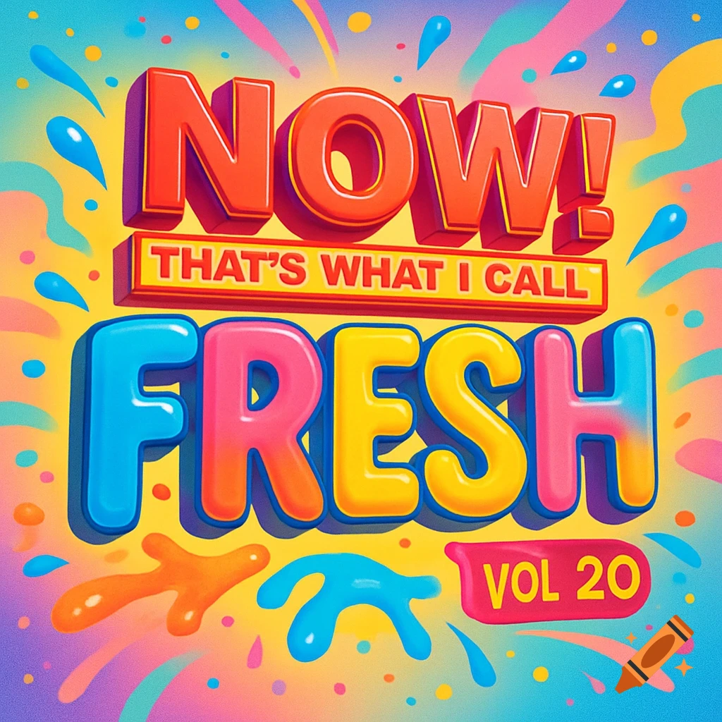 A vibrant, colorful album cover with bold 3D text "NOW! THAT'S WHAT I CALL FRESH VOL 20" and splash effects.
