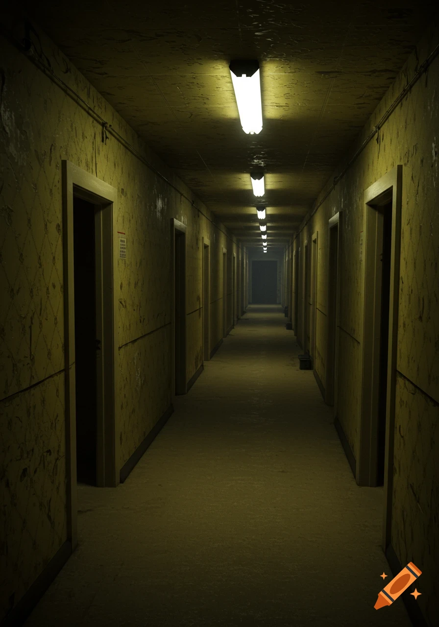 A long, dimly lit, eerie hallway with many doors on either side, illuminated by overhead fluorescent lights.