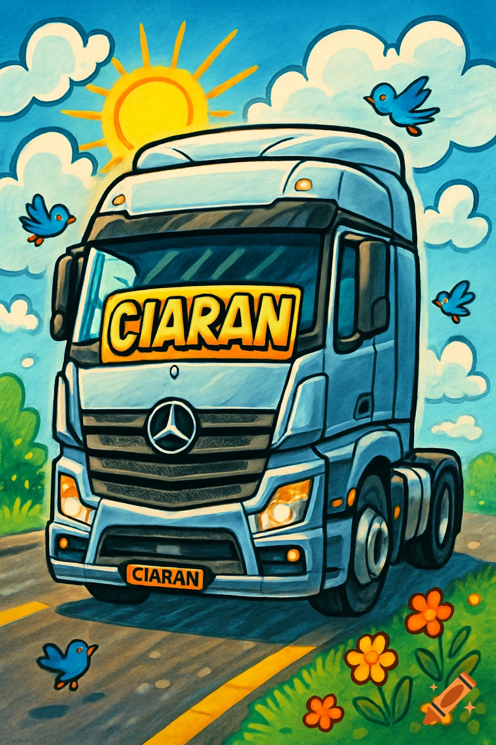 Cartoon Mercedes lorry cab with 'CIARAN' on the windscreen, driving on a road under a sunny sky with clouds, birds, and flowers.