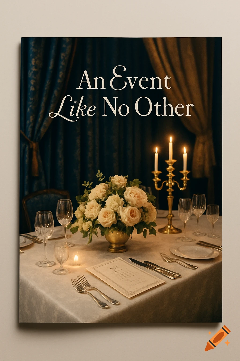 A formal dinner table setting with white roses, a candelabra, wine glasses, and cutlery, featuring the text 'An Event Like No Other'.