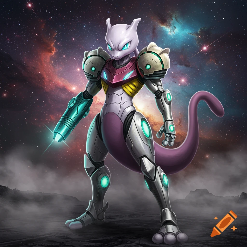 Mewtwo in Samus Aran's Varia Suit stands on a misty, rocky planet with a colorful space nebula background, holding an arm cannon.