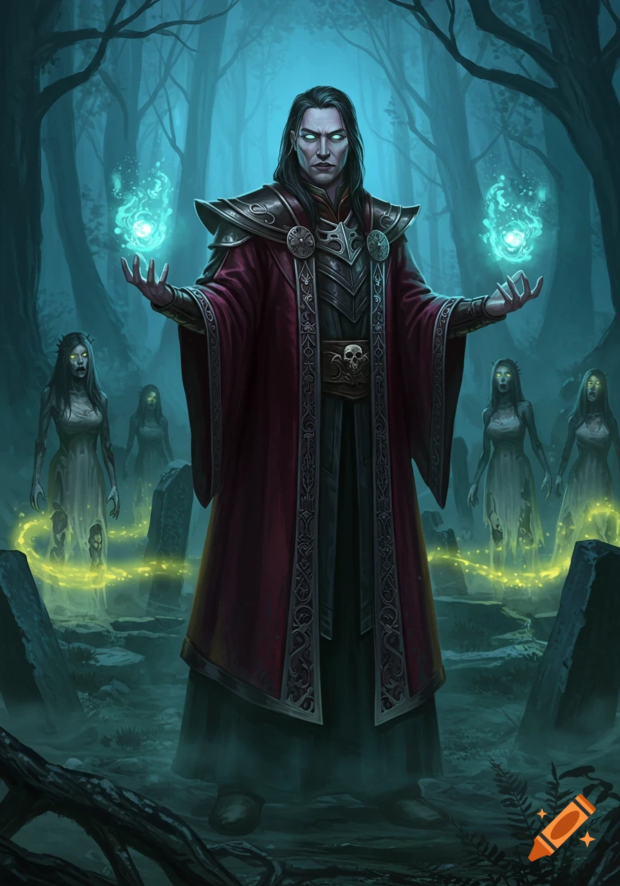 Dark fantasy illustration of a male necromancer with glowing eyes, conjuring magic amidst ghostly female zombies in a misty graveyard.