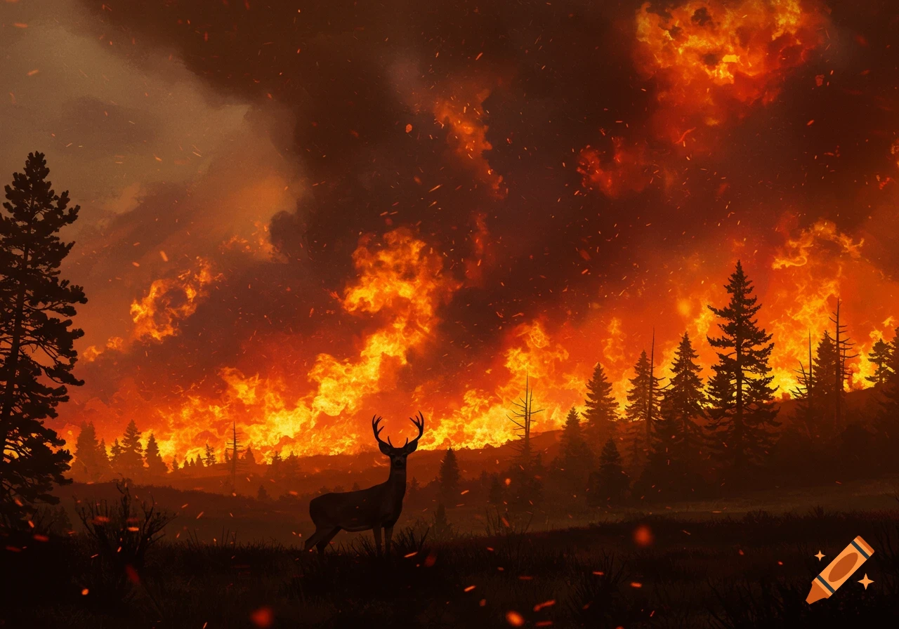 A lone deer stands in a dark field as a massive, fiery forest fire rages behind it under a smoke-filled sky in a dramatic digital painting.