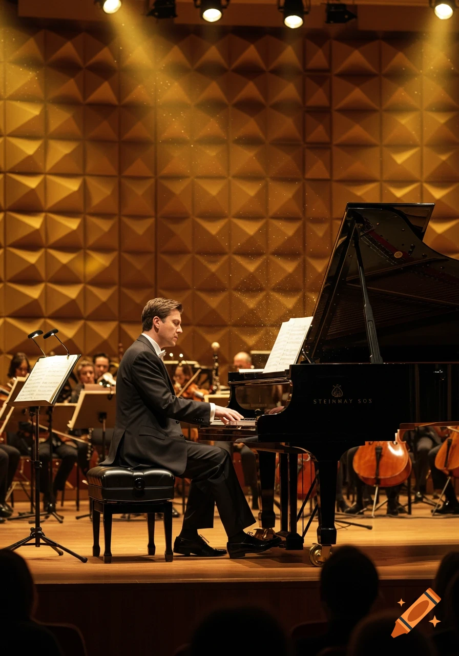 A pianist performs on a grand piano on stage with an orchestra, illuminated by golden spotlights.