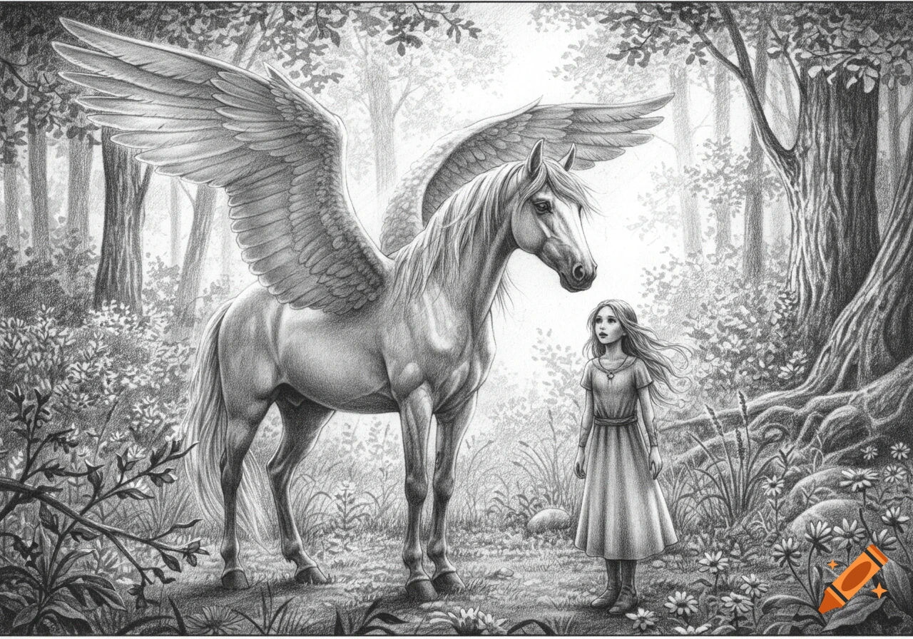 A girl looks up at a majestic Pegasus in a magical forest, rendered in a fine pencil drawing style.