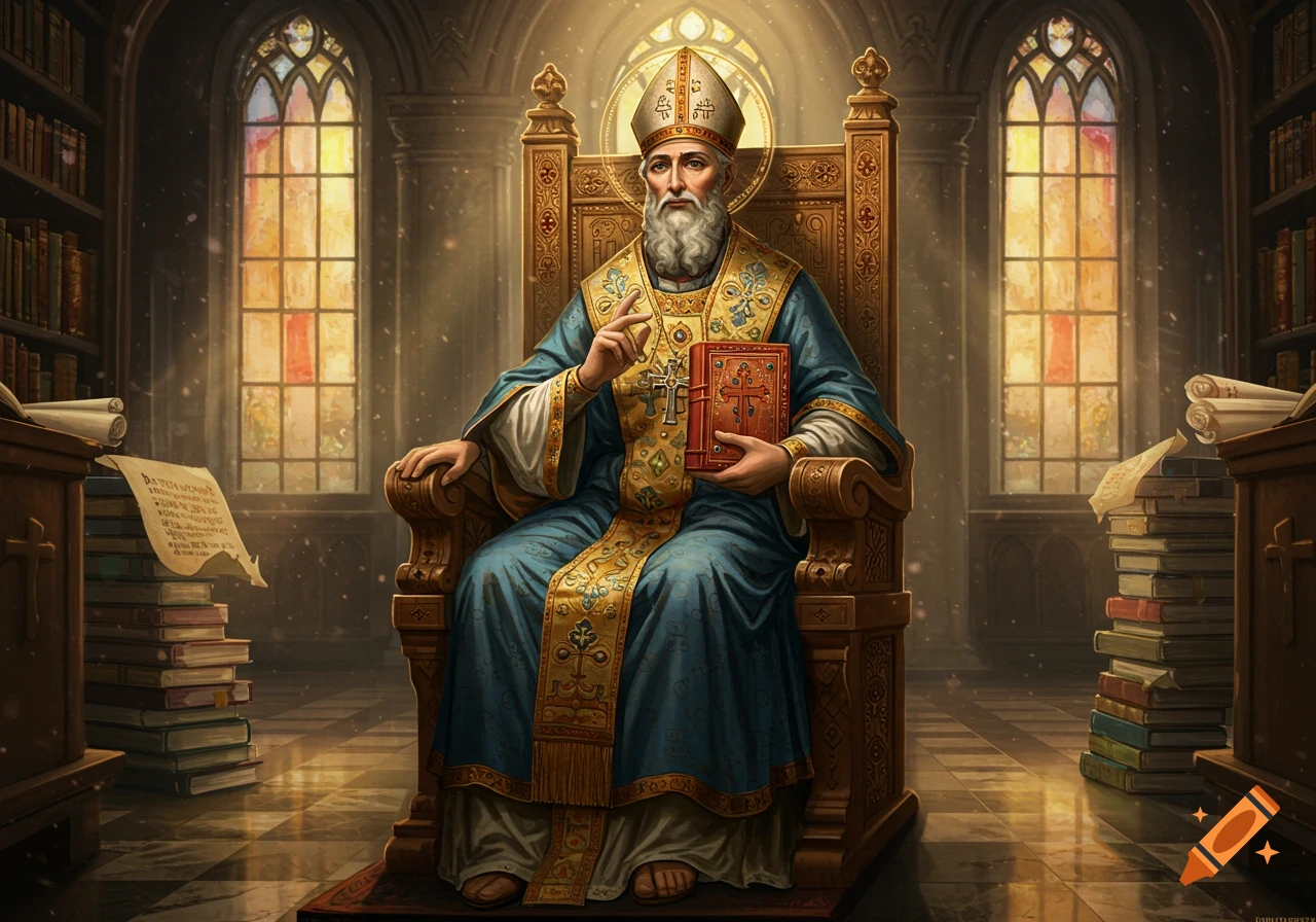 An elderly, bearded bishop in ornate robes sits on a golden throne, holding a red book, in a grand hall with stained-glass windows and bookshelves.