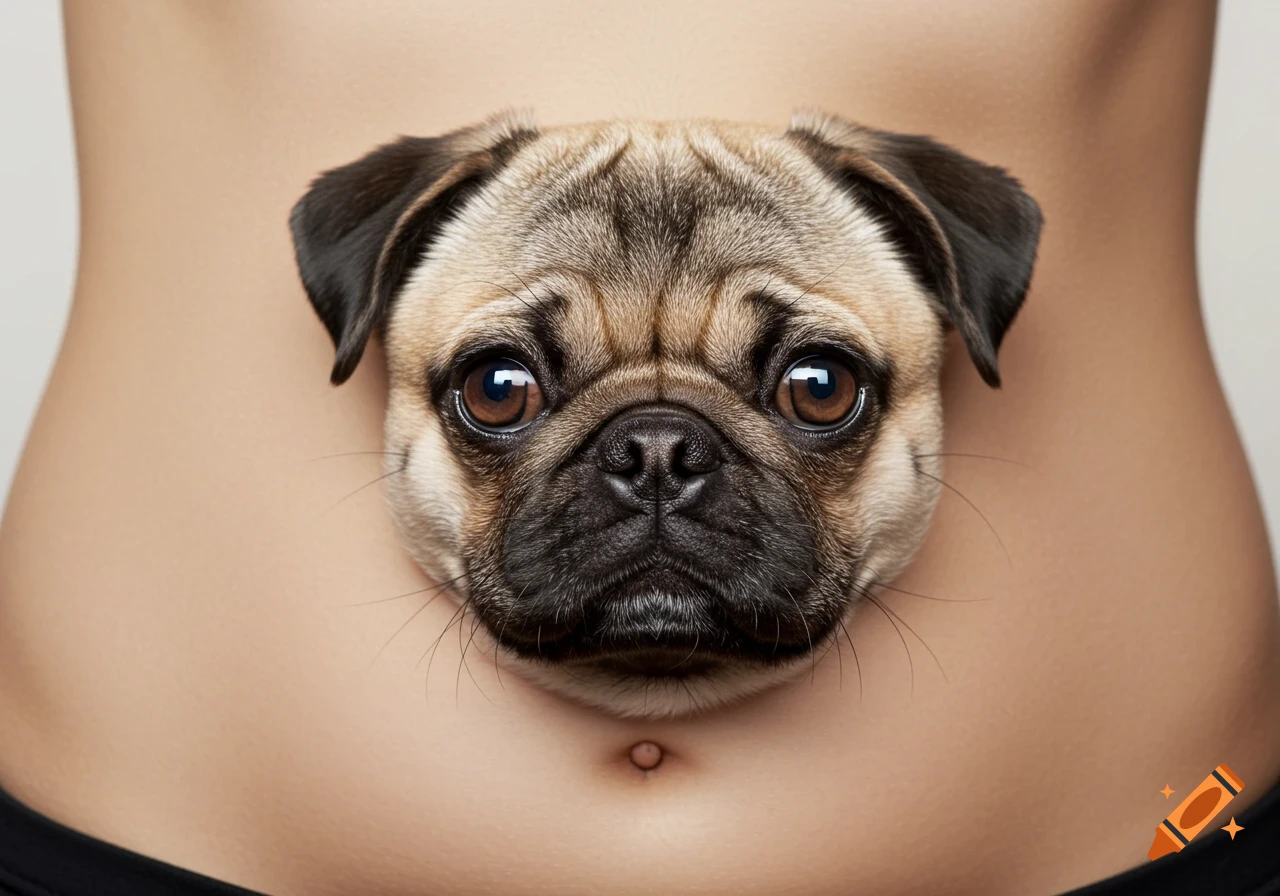A photorealistic image of a pug's head emerging from a human abdomen, with the belly button visible below its muzzle.