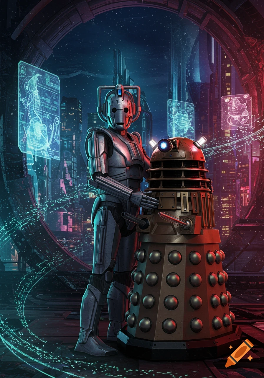 A Cyberman stands next to a Dalek in a futuristic, neon-lit cityscape with holographic screens.