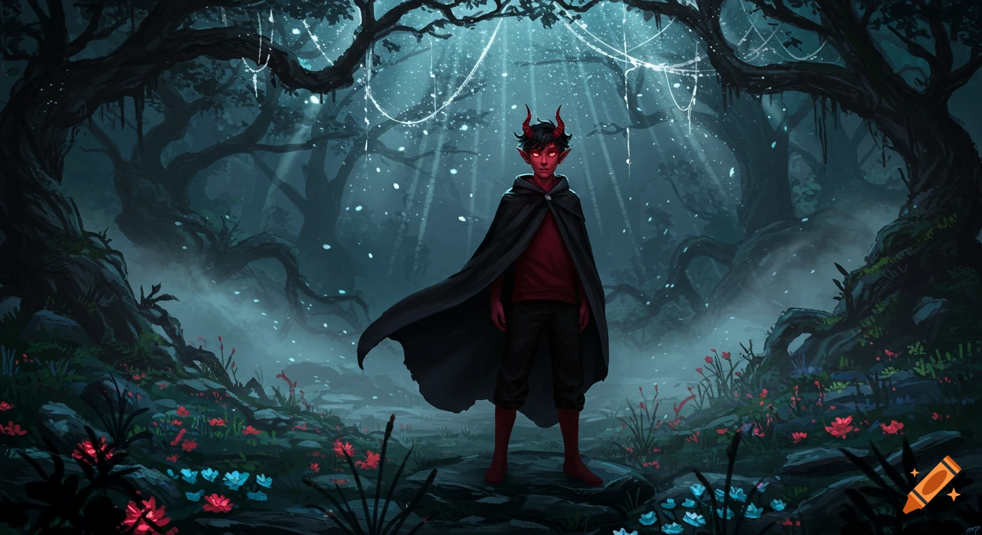 A red-skinned demon boy with bright red eyes and horns, wearing a black cloak, stands in a misty, dark forest with glowing flowers and light rays.