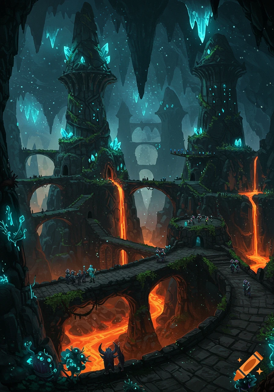 A vibrant fantasy underground city with towering structures, glowing blue crystals, flowing orange lava rivers, and small figures on bridges, in a digital painting style.