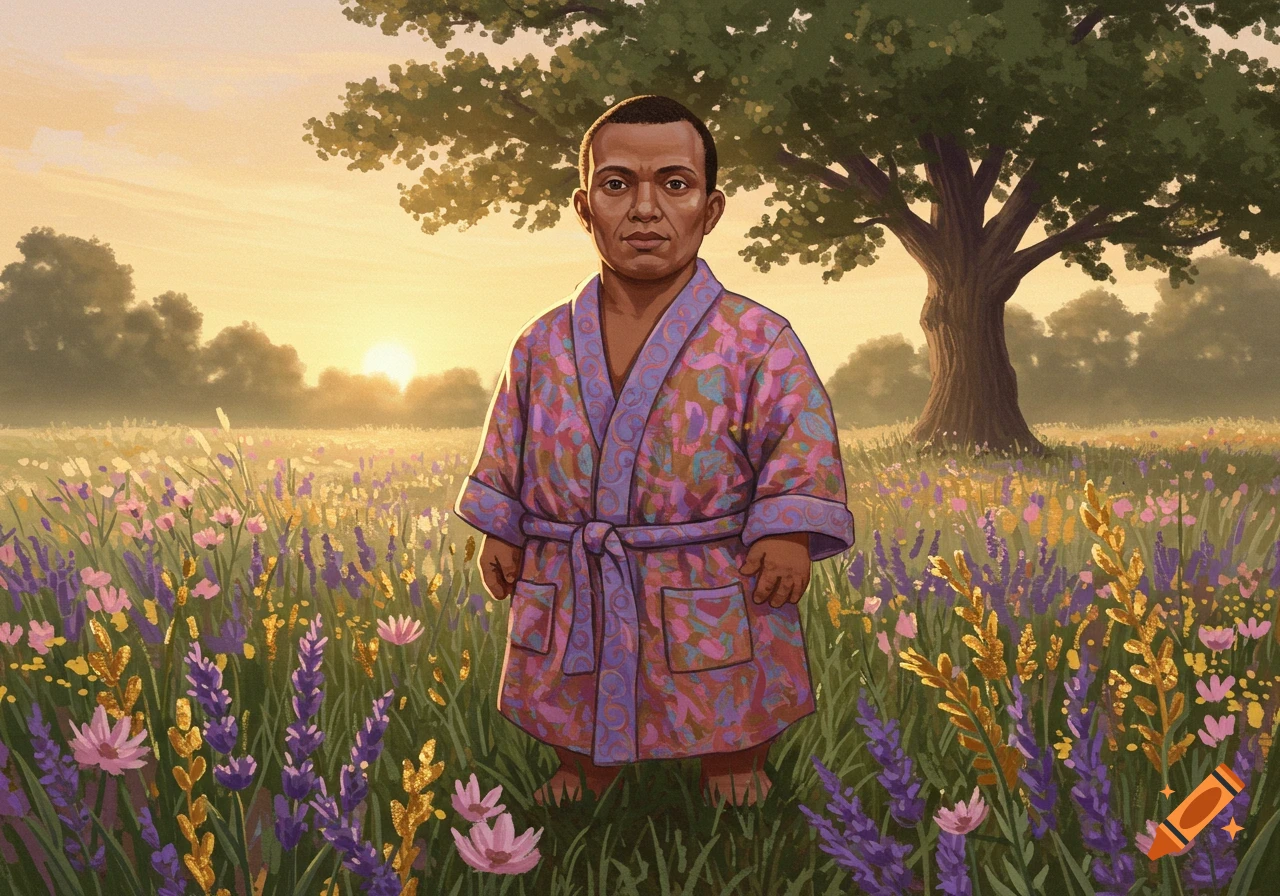 Illustrated person with dwarfism in a floral robe, standing in a field of wildflowers at sunset.