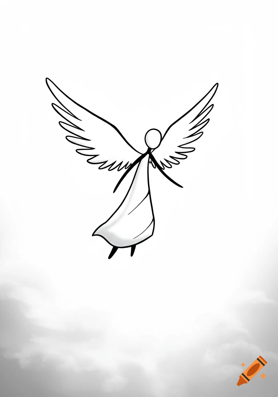 A black and white minimalist illustration of a stick figure angel flying downwards against a light cloudy background.