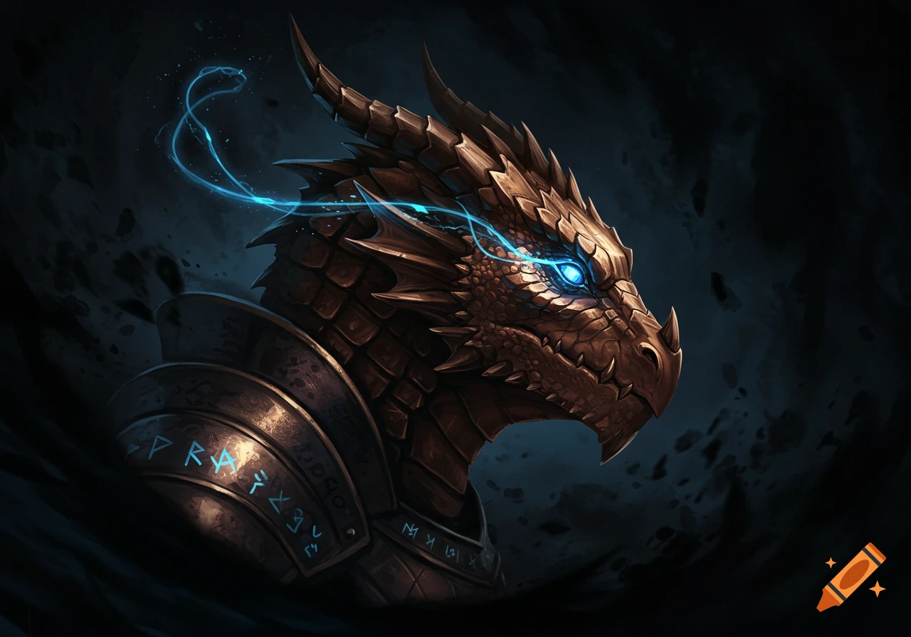 Close-up of a bronze dragon-like creature wearing armor with glowing blue eyes and energy trails.